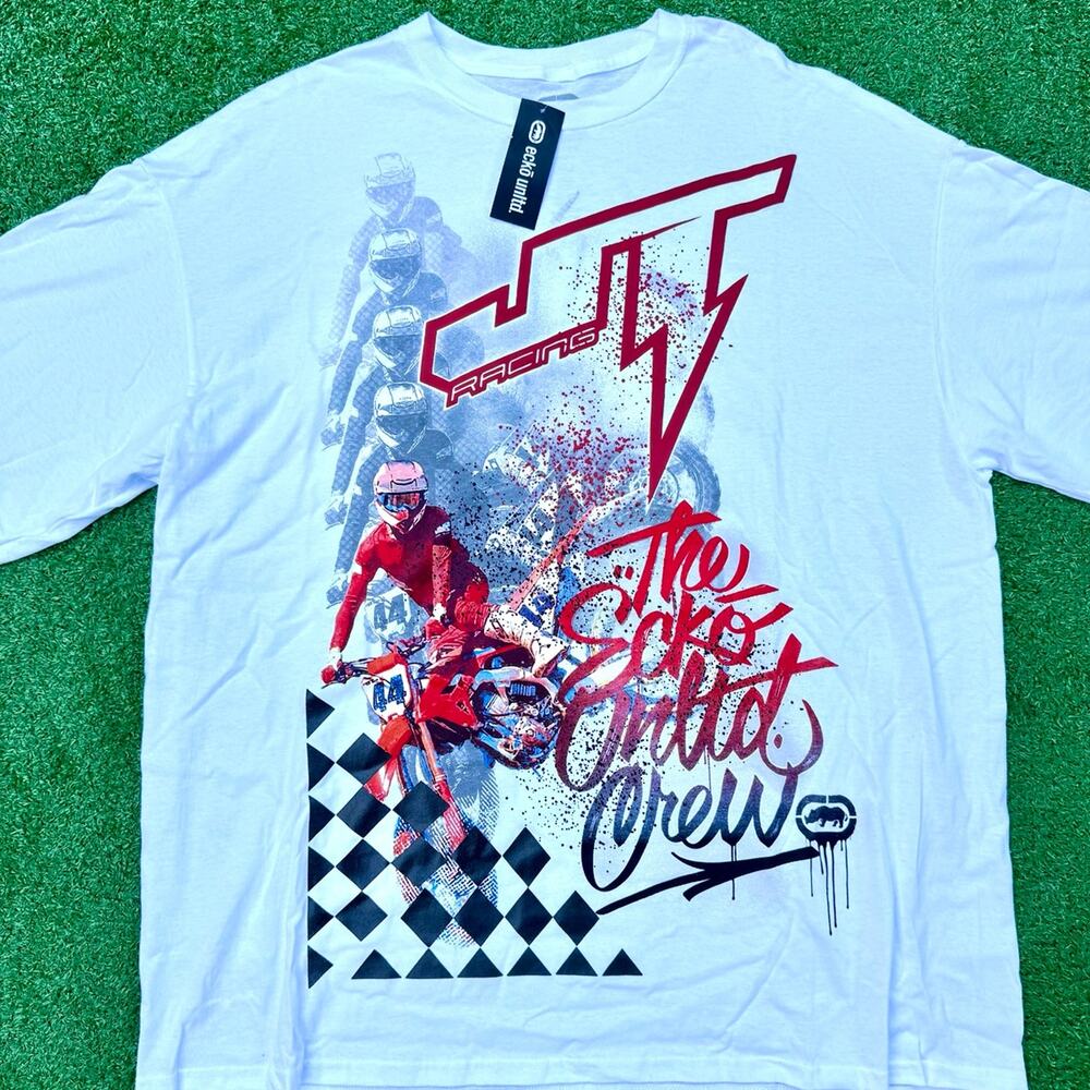 JT Racing x Ecko Unltd Crew Red Biker 44 White T Shirt New With Tag